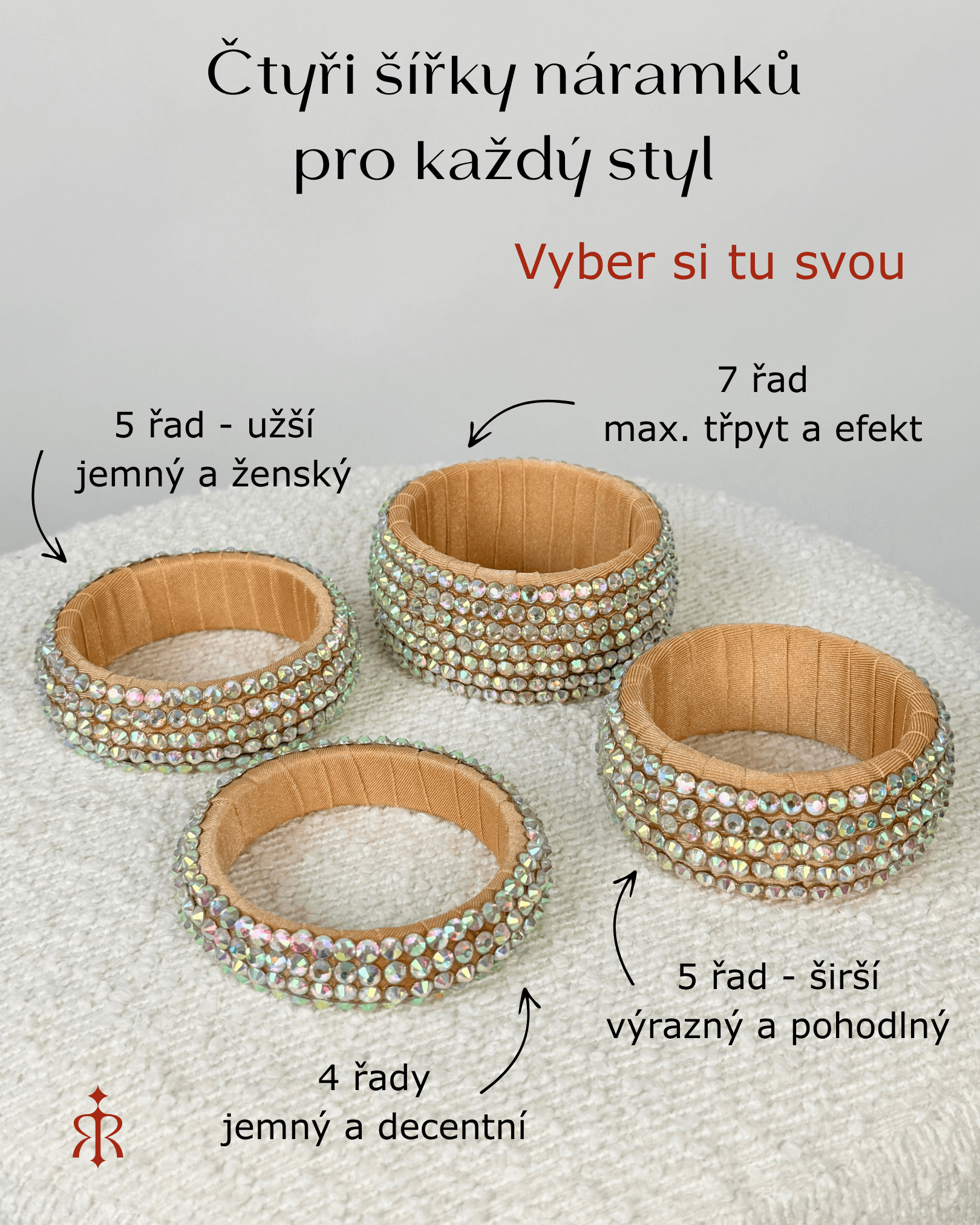 Náramek BOŽSKÁ ZÁŘE - 5 řad kamínků - širší